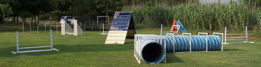 The agility field at Listen Up Pup with a tunnel, A-frame, hurdles and tyre jump