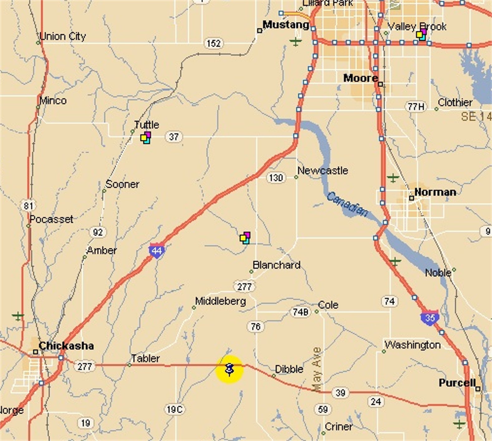 Road map of central Oklahoma showing Norman, Blanchard, Chickasha, Ada and Oklahoma City